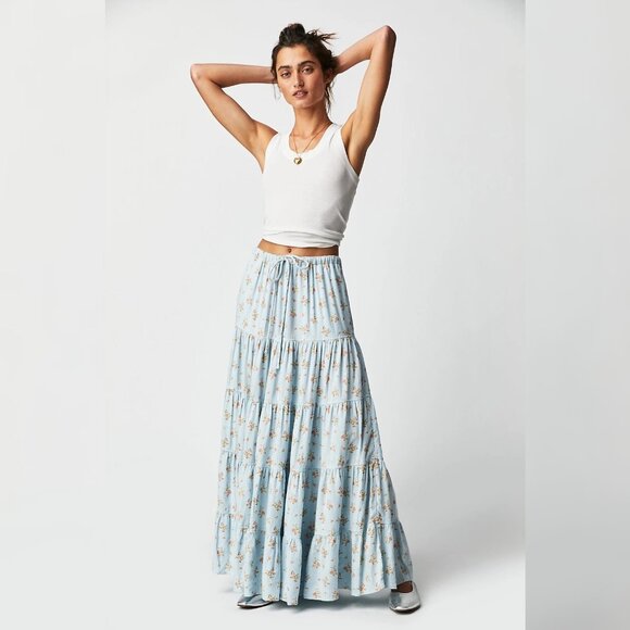 Free People Nova Tiered Maxi Skirt XS 2 Flared Floral Blue Cotton Gauze 42499 - Picture 1 of 5